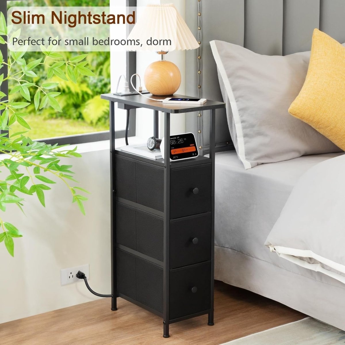 Slim Charging Bedside Tables Set of 2 with LED Shelf & Storage Drawers - Kwikley