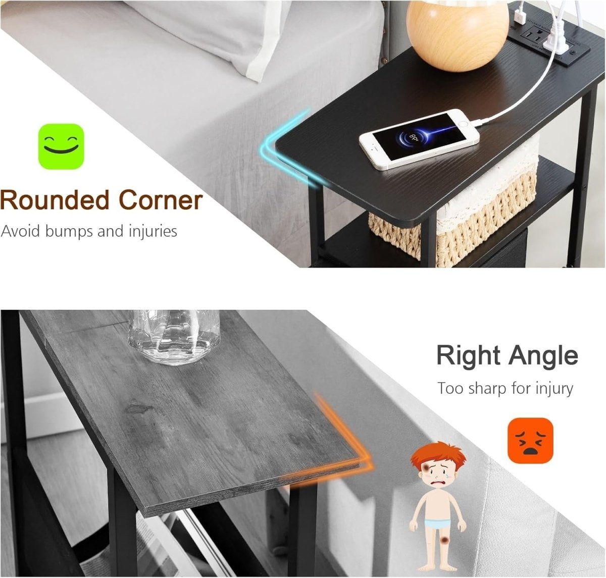 Slim Charging Bedside Tables Set of 2 with LED Shelf & Storage Drawers - Kwikley