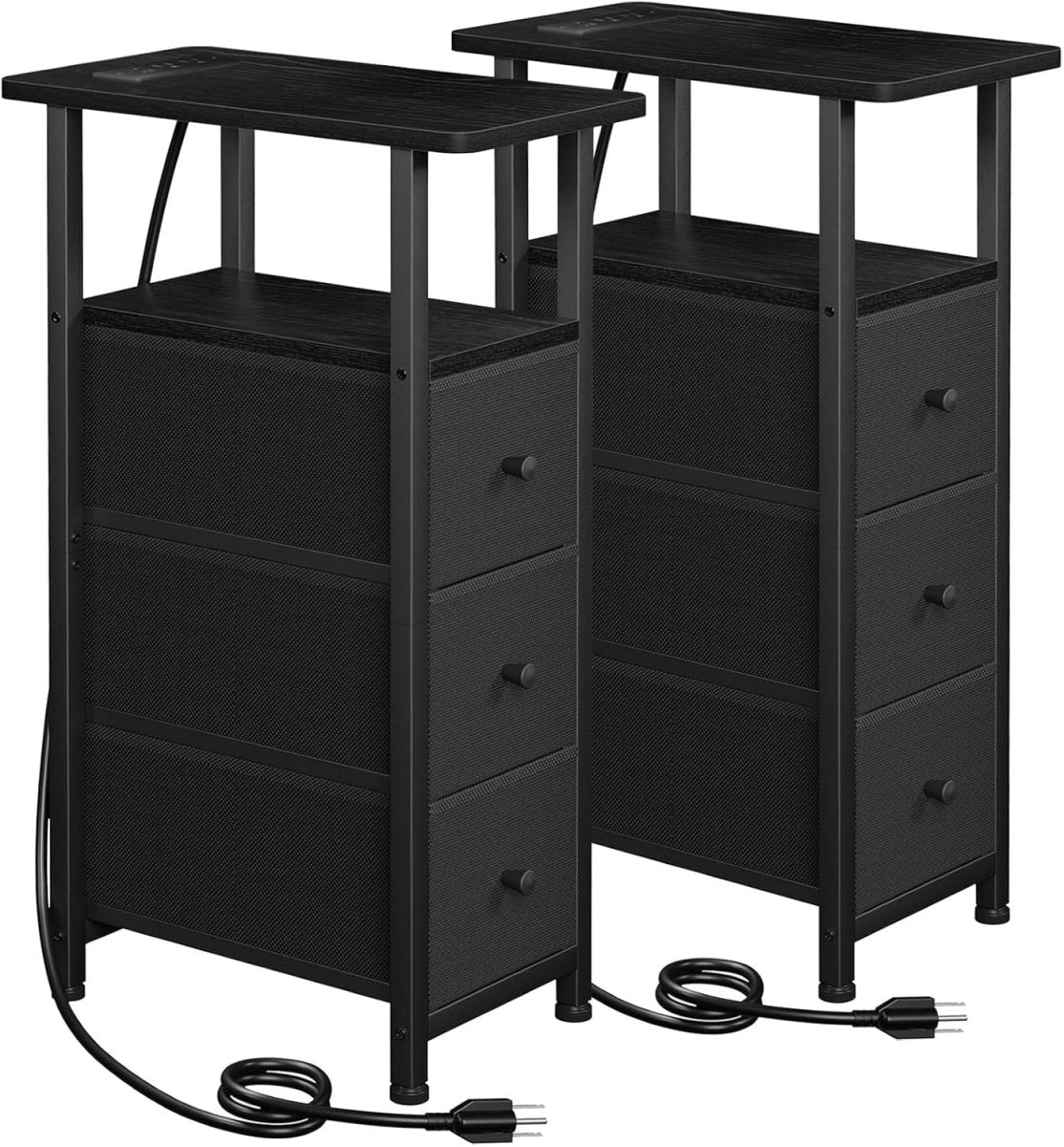 Slim Charging Bedside Tables Set of 2 with LED Shelf & Storage Drawers - Kwikley