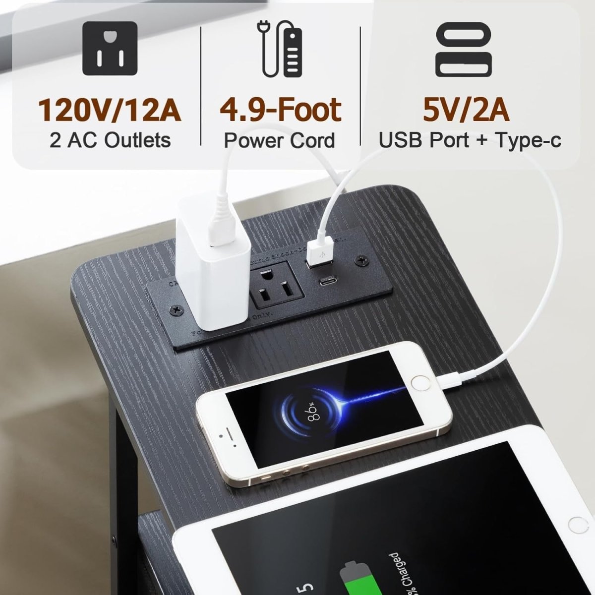 Slim Charging Bedside Tables Set of 2 with LED Shelf & Storage Drawers - Kwikley