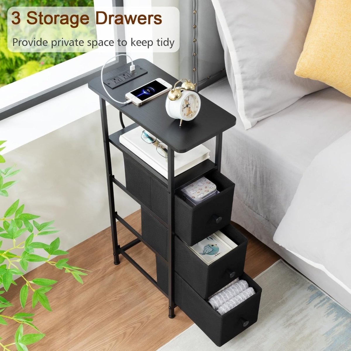 Slim Charging Bedside Tables Set of 2 with LED Shelf & Storage Drawers - Kwikley