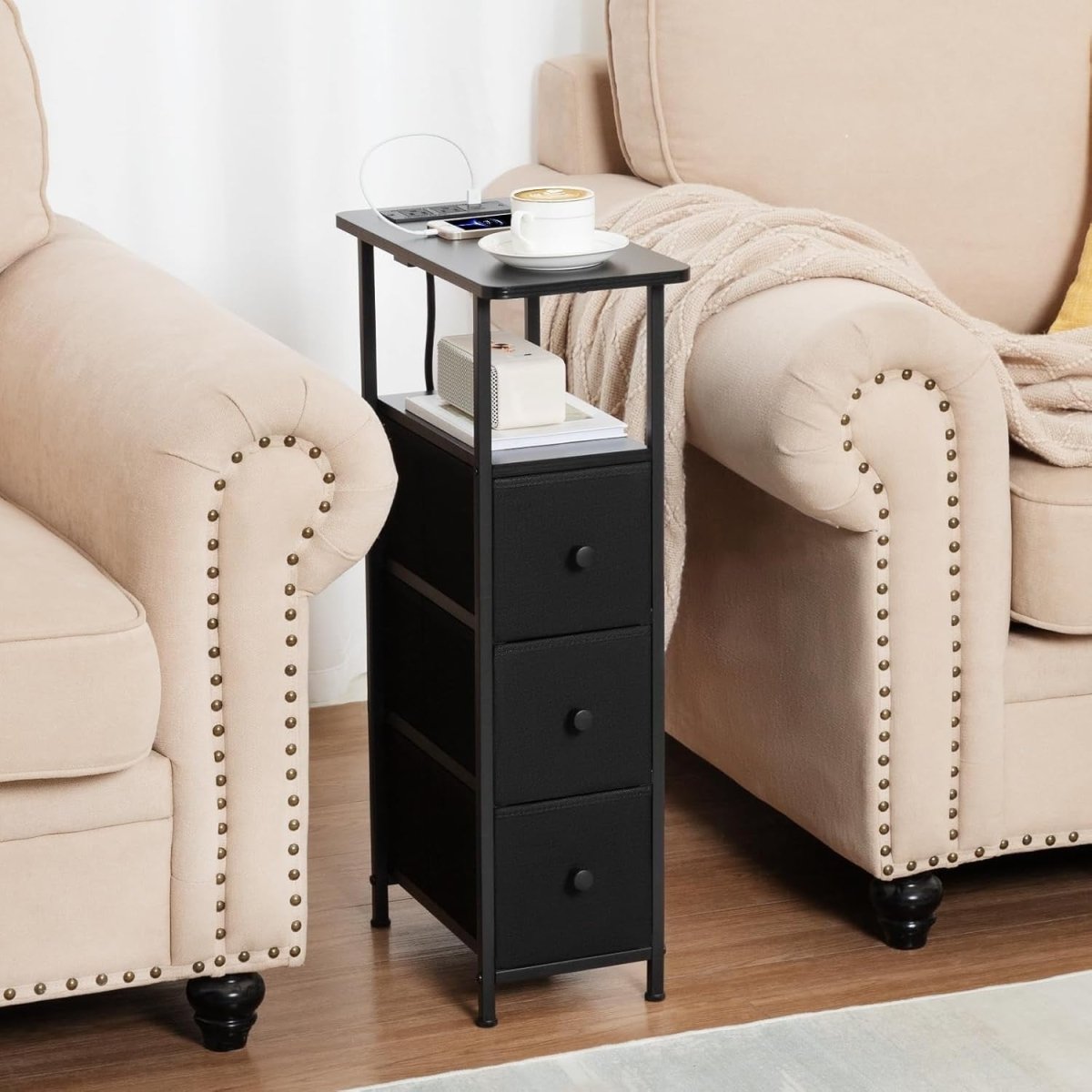 Slim Charging Bedside Tables Set of 2 with LED Shelf & Storage Drawers - Kwikley