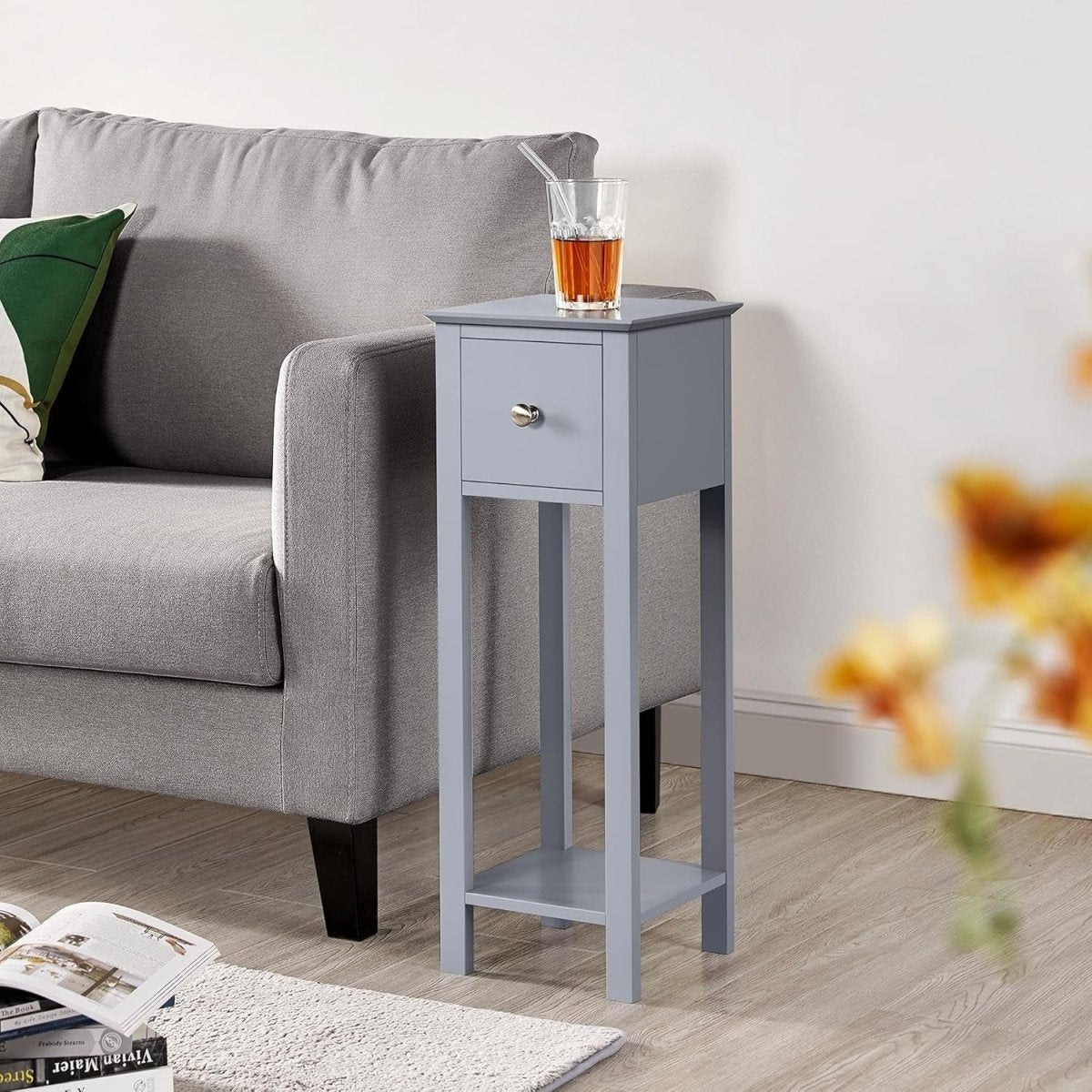 Slim Grey Tall Bedside Table with Drawer & Shelf – Narrow Side Table 25x25x70cm - Kwikley