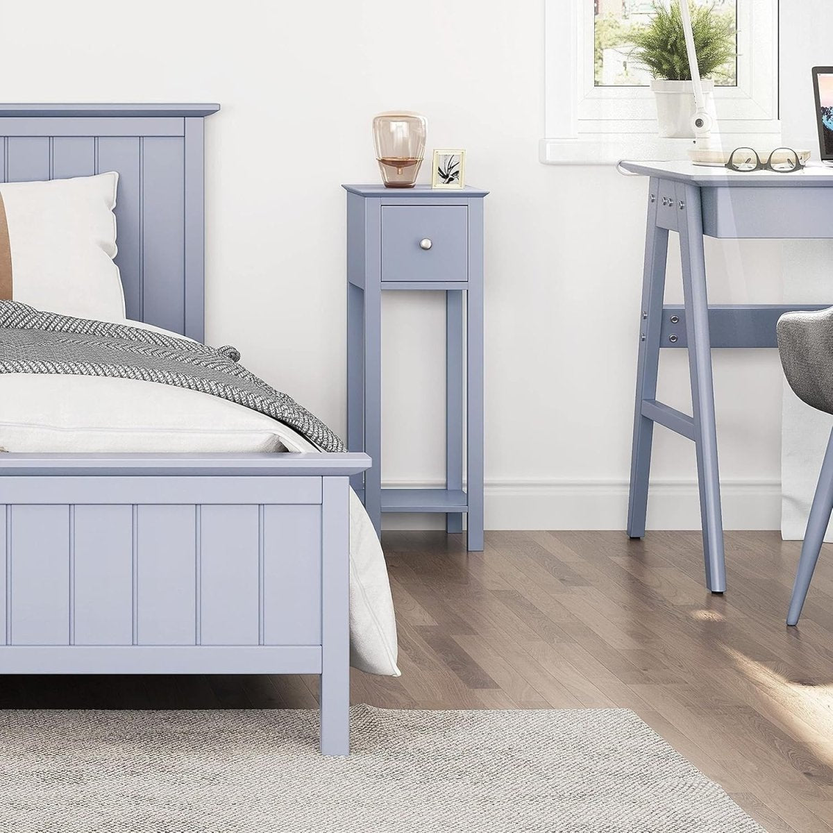 Slim Grey Tall Bedside Table with Drawer & Shelf – Narrow Side Table 25x25x70cm - Kwikley