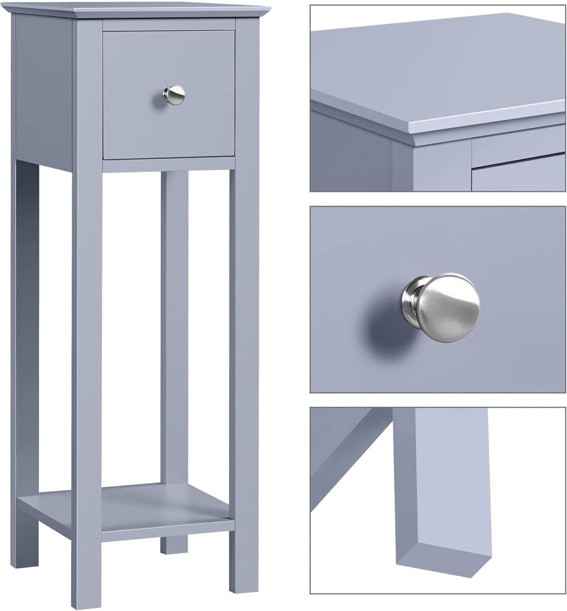 Slim Grey Tall Bedside Table with Drawer & Shelf – Narrow Side Table 25x25x70cm - Kwikley