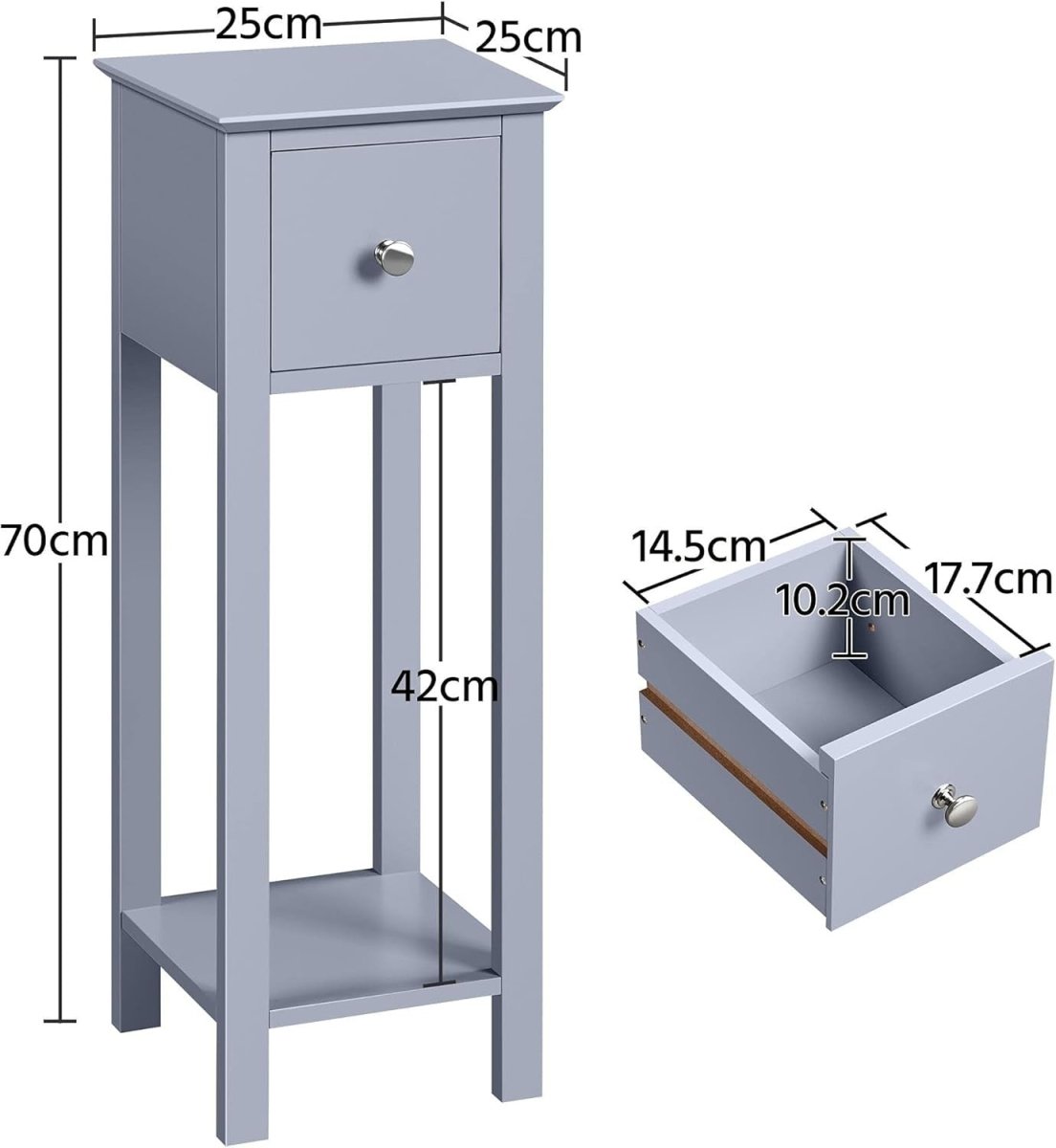 Slim Grey Tall Bedside Table with Drawer & Shelf – Narrow Side Table 25x25x70cm - Kwikley