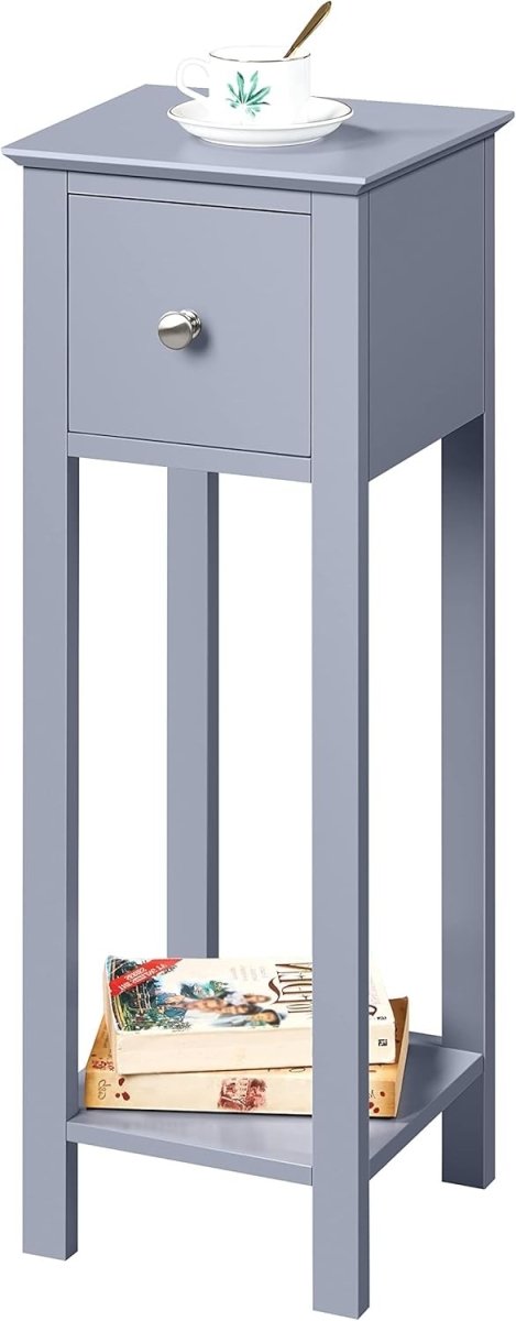 Slim Grey Tall Bedside Table with Drawer & Shelf – Narrow Side Table 25x25x70cm - Kwikley