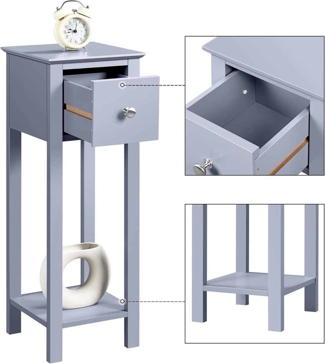 Slim Grey Tall Bedside Table with Drawer & Shelf – Narrow Side Table 25x25x70cm - Kwikley