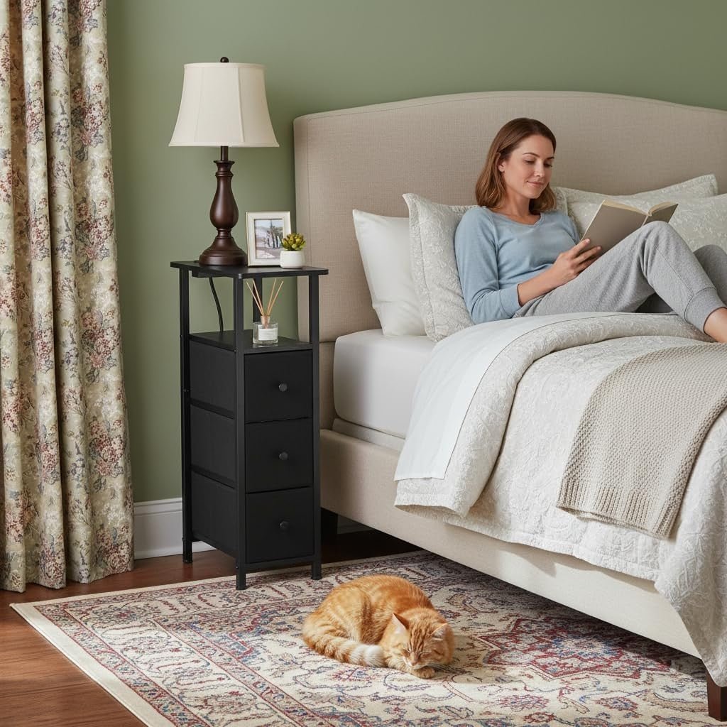 Slim LED Bedside Tables Set of 2 with Charging Station & Storage Drawers - Kwikley