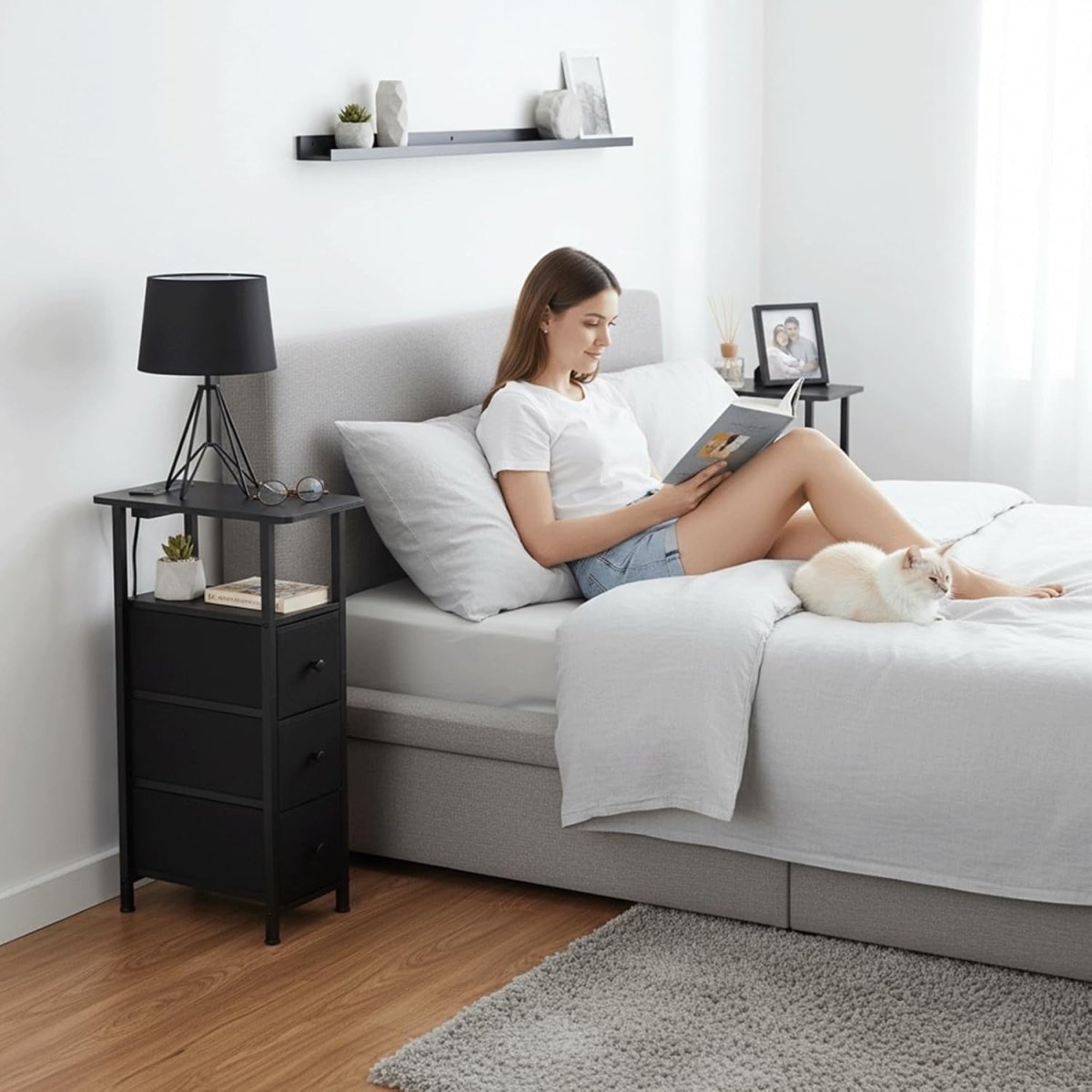 Slim LED Bedside Tables Set of 2 with Charging Station & Storage Drawers - Kwikley