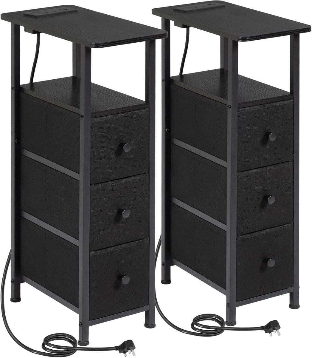 Slim LED Bedside Tables Set of 2 with Charging Station & Storage Drawers - Kwikley