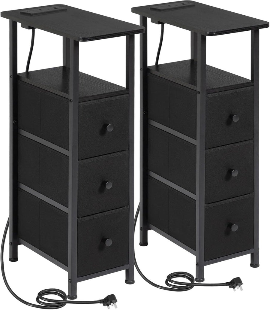 Slim LED Bedside Tables Set of 2 with Charging Station & Storage Drawers - Kwikley