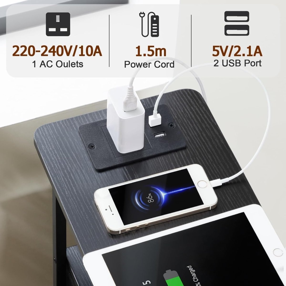 Slim LED Bedside Tables Set of 2 with Charging Station & Storage Drawers - Kwikley