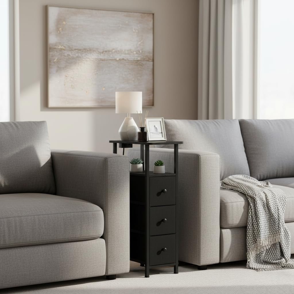 Slim LED Bedside Tables Set of 2 with Charging Station & Storage Drawers - Kwikley