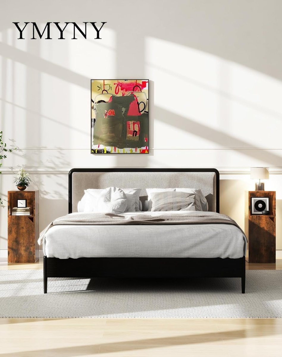 Slim Rustic Bedside Tables Set of 2 – Narrow Nightstands with Door & Open Shelf - Kwikley