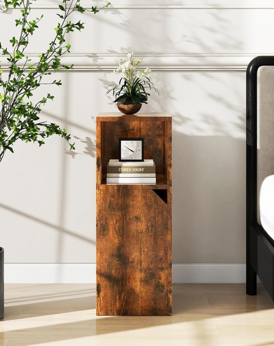 Slim Rustic Bedside Tables Set of 2 – Narrow Nightstands with Door & Open Shelf - Kwikley