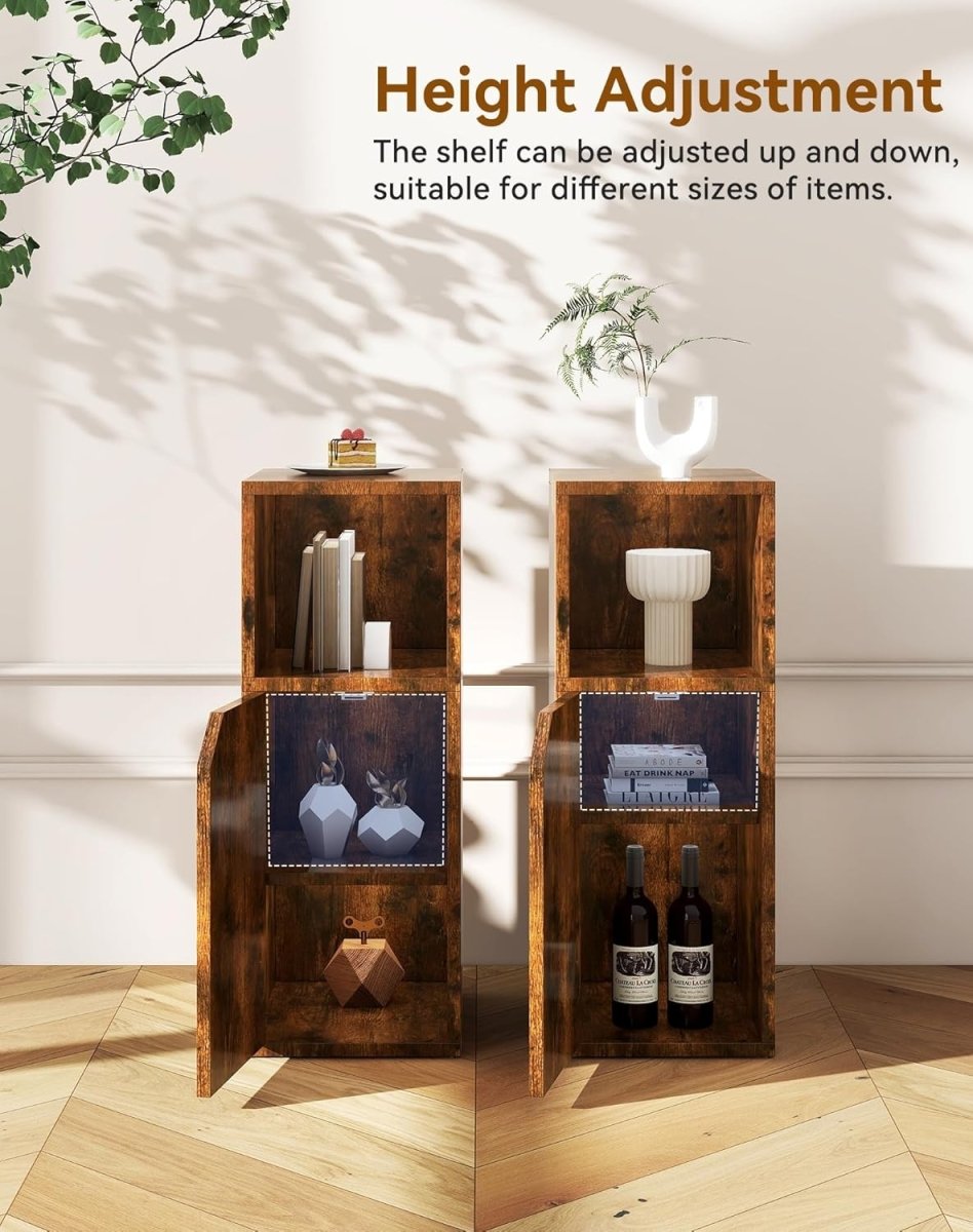 Slim Rustic Bedside Tables Set of 2 – Narrow Nightstands with Door & Open Shelf - Kwikley