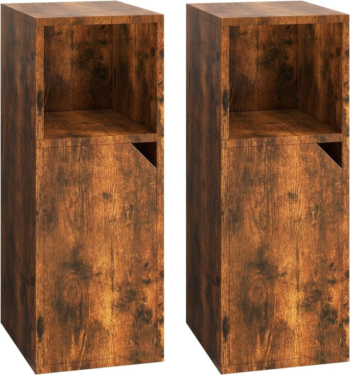 Slim Rustic Bedside Tables Set of 2 – Narrow Nightstands with Door & Open Shelf - Kwikley