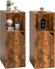 Slim Rustic Bedside Tables Set of 2 – Narrow Nightstands with Door & Open Shelf - Kwikley