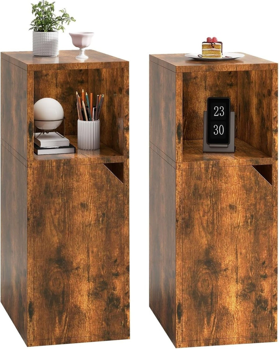 Slim Rustic Bedside Tables Set of 2 – Narrow Nightstands with Door & Open Shelf - Kwikley