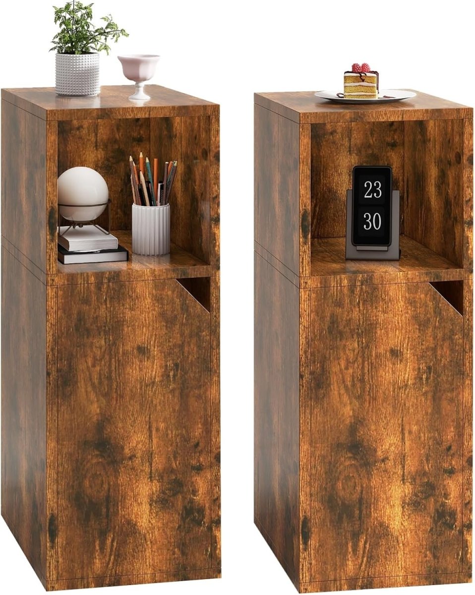 Slim Rustic Bedside Tables Set of 2 – Narrow Nightstands with Door & Open Shelf - Kwikley