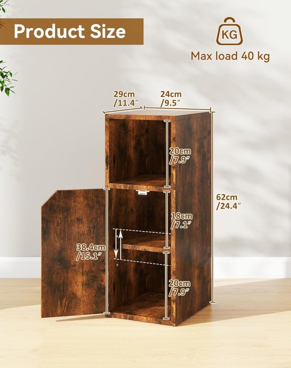 Slim Rustic Bedside Tables Set of 2 – Narrow Nightstands with Door & Open Shelf - Kwikley
