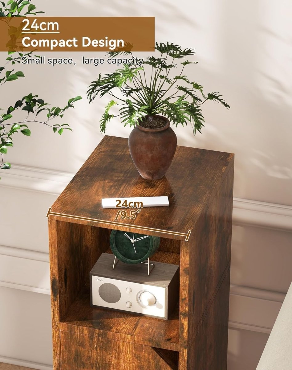 Slim Rustic Bedside Tables Set of 2 – Narrow Nightstands with Door & Open Shelf - Kwikley