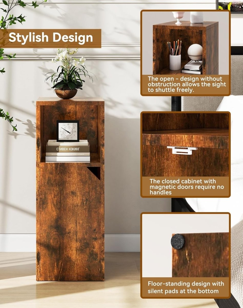 Slim Rustic Bedside Tables Set of 2 – Narrow Nightstands with Door & Open Shelf - Kwikley