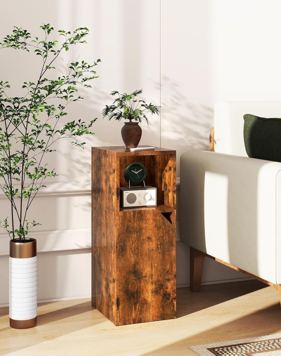 Slim Rustic Bedside Tables Set of 2 – Narrow Nightstands with Door & Open Shelf - Kwikley