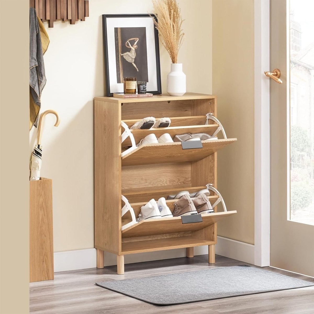 Slim Shoe Cabinet Storage with Flip Doors for 8 Pairs – Narrow Hallway Rack - Kwikley