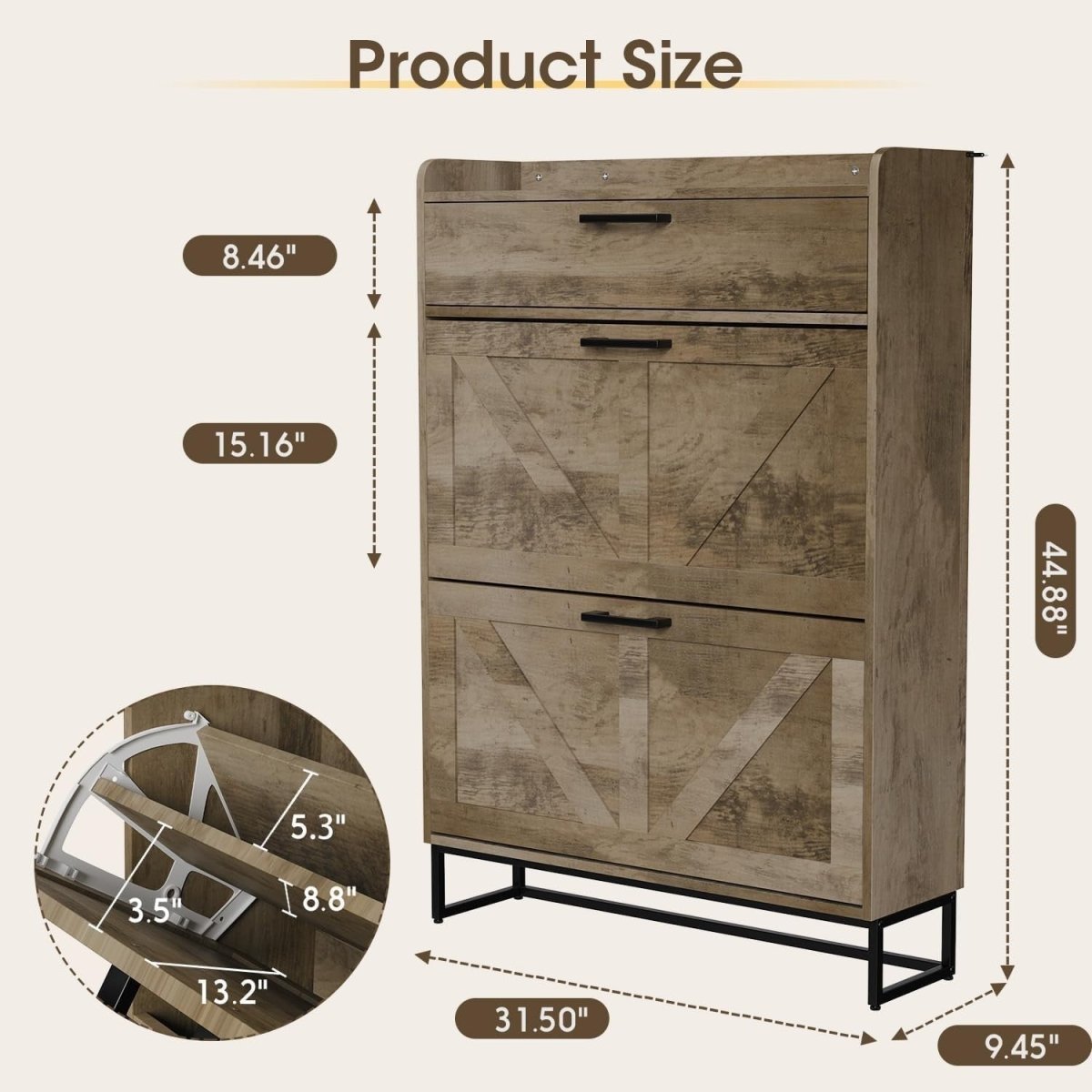 Slim Shoe Cabinet with 3 Flip Drawers & Adjustable Shelves – Large Storage - Kwikley