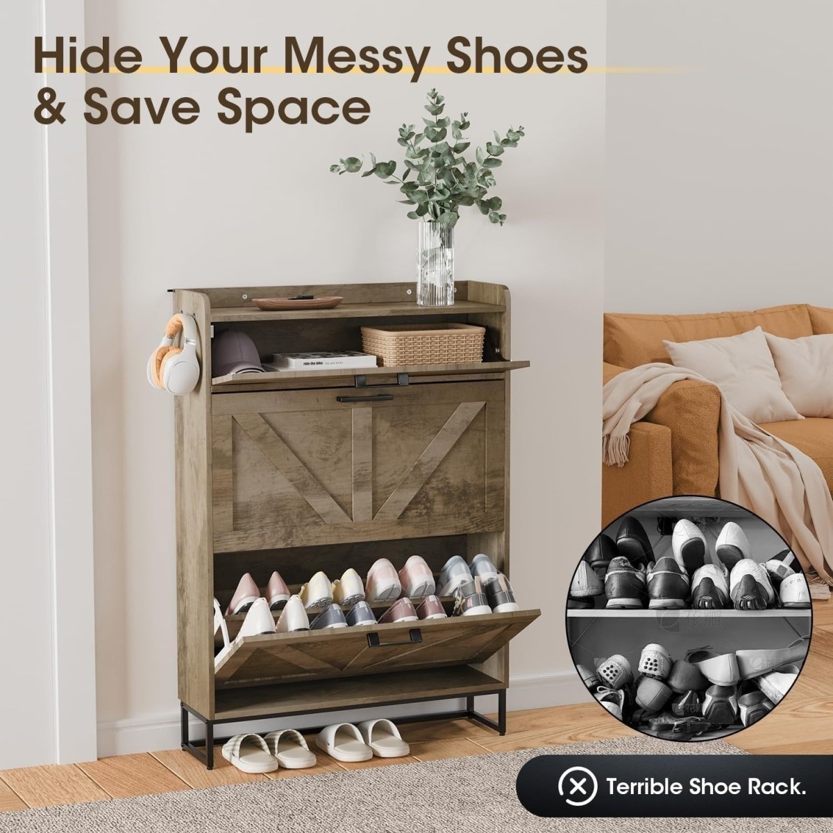 Slim Shoe Cabinet with 3 Flip Drawers & Adjustable Shelves – Large Storage - Kwikley