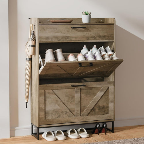 Slim Shoe Cabinet with 3 Flip Drawers & Adjustable Shelves – Large Storage - Kwikley