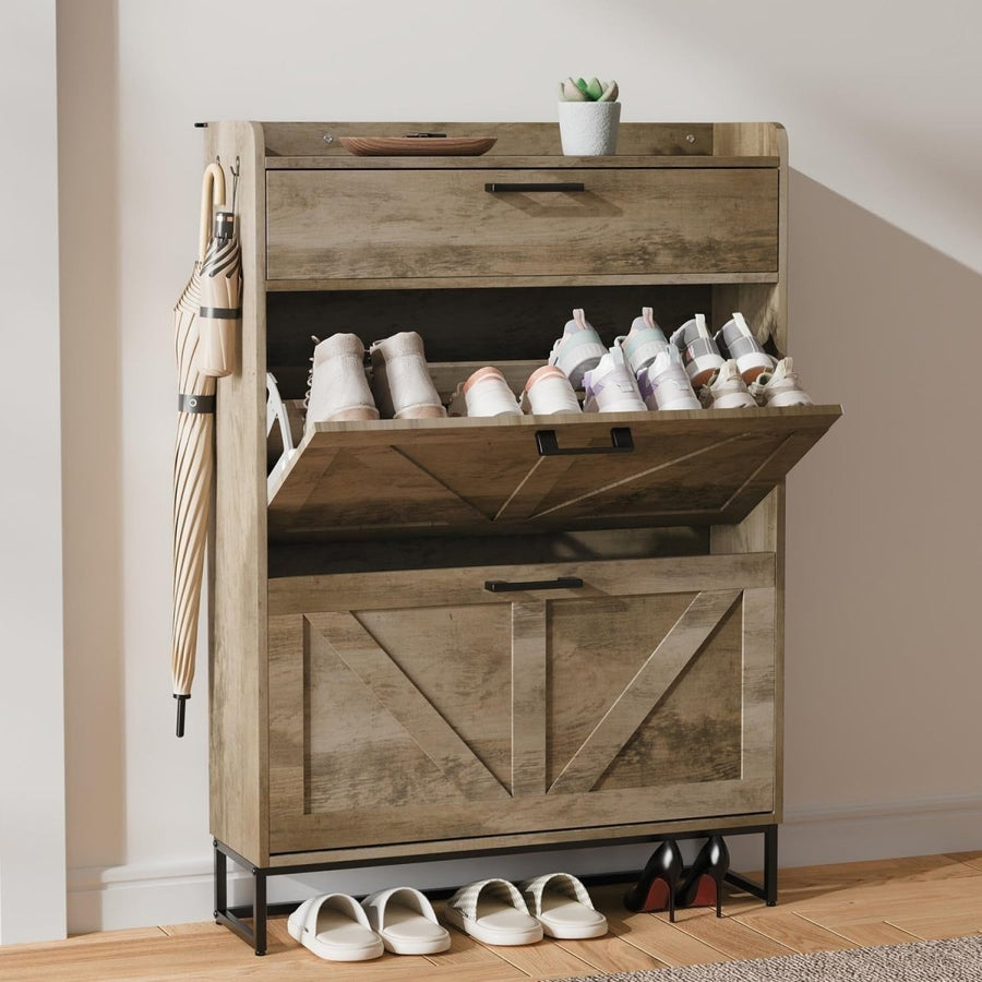 Slim Shoe Cabinet with 3 Flip Drawers & Adjustable Shelves – Large Storage - Kwikley