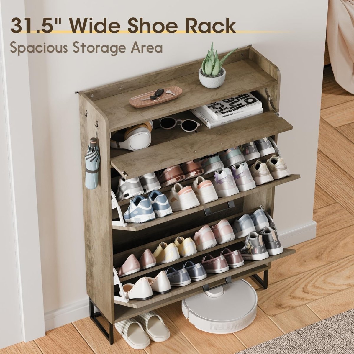 Slim Shoe Cabinet with 3 Flip Drawers & Adjustable Shelves – Large Storage - Kwikley