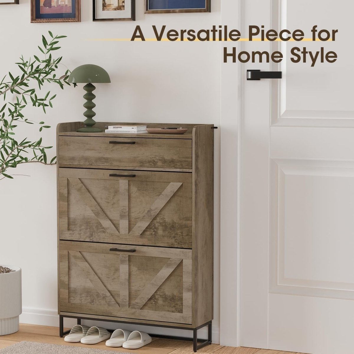 Slim Shoe Cabinet with 3 Flip Drawers & Adjustable Shelves – Large Storage - Kwikley