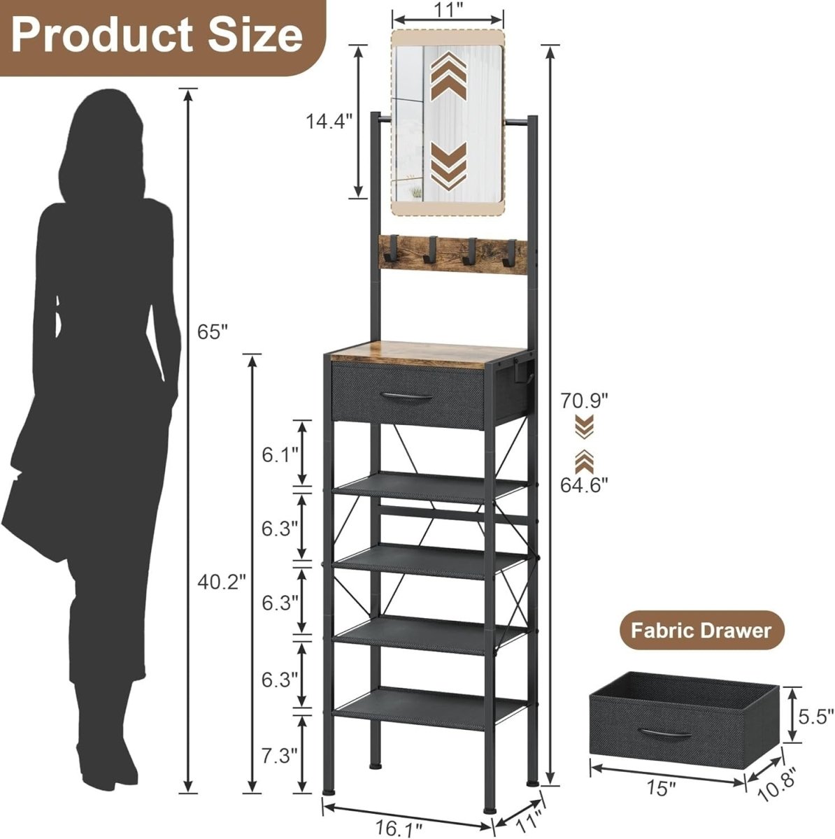 Slim Shoe Rack with Mirror & Hooks – 5 - Tier Narrow Storage Unit Hallway - Kwikley