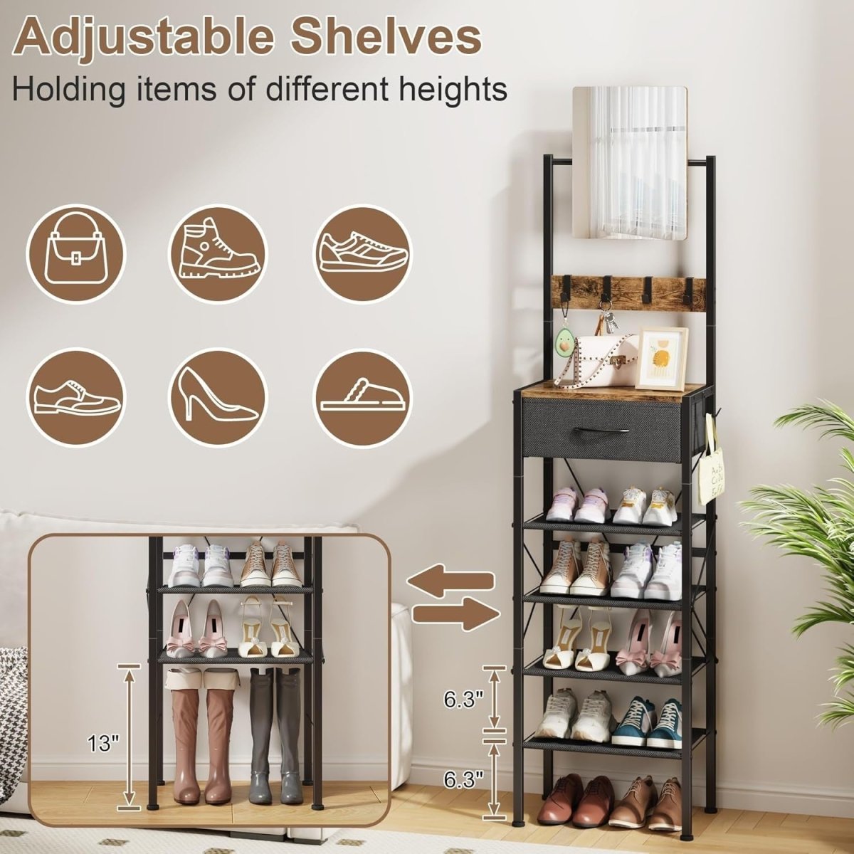 Slim Shoe Rack with Mirror & Hooks – 5 - Tier Narrow Storage Unit Hallway - Kwikley