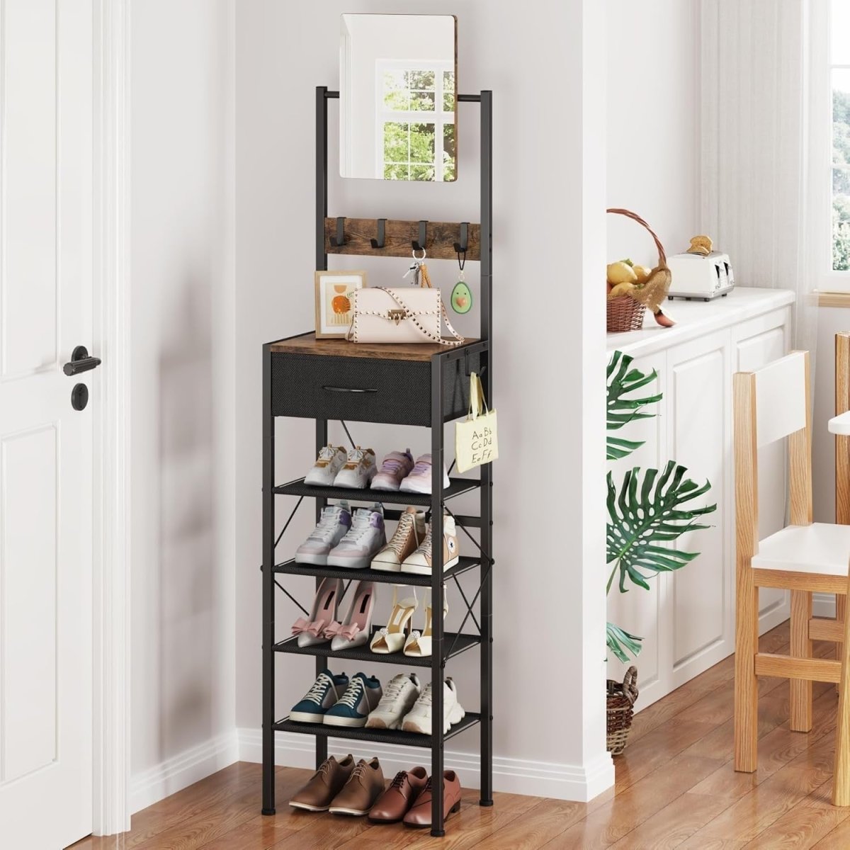 Slim Shoe Rack with Mirror & Hooks – 5 - Tier Narrow Storage Unit Hallway - Kwikley