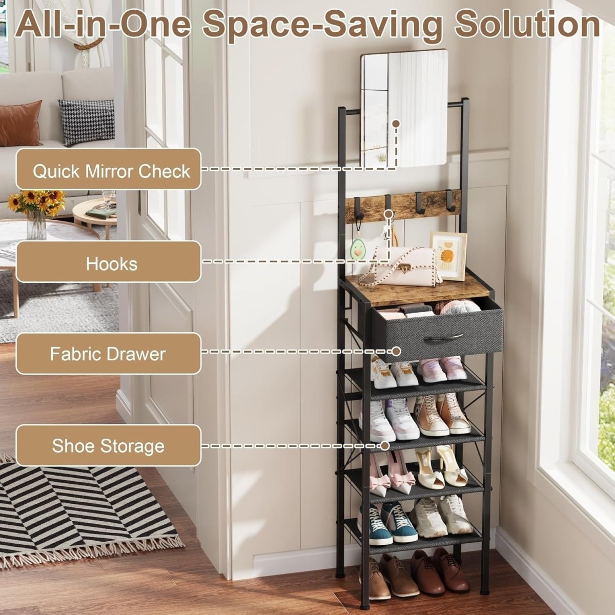 Slim Shoe Rack with Mirror & Hooks – 5 - Tier Narrow Storage Unit Hallway - Kwikley