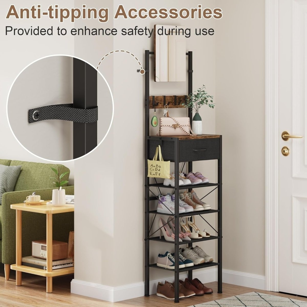 Slim Shoe Rack with Mirror & Hooks – 5 - Tier Narrow Storage Unit Hallway - Kwikley