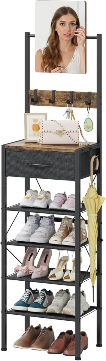 Slim Shoe Rack with Mirror & Hooks – 5 - Tier Narrow Storage Unit Hallway - Kwikley
