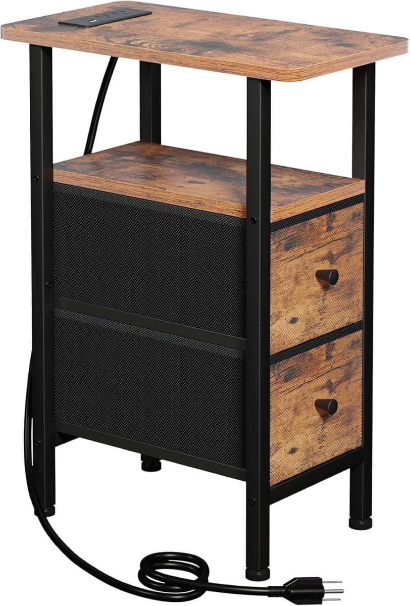Slim Side Table with USB Charging, 2 Fabric Drawers & Shelf for Small Spaces - Kwikley