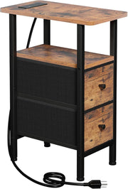 Slim Side Table with USB Charging, 2 Fabric Drawers & Shelf for Small Spaces - Kwikley