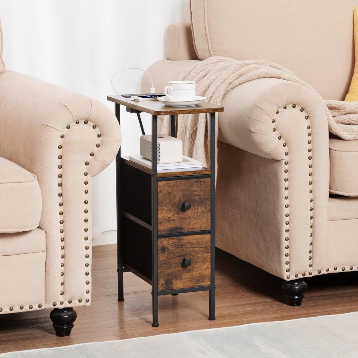 Slim Side Table with USB Charging, 2 Fabric Drawers & Shelf for Small Spaces - Kwikley