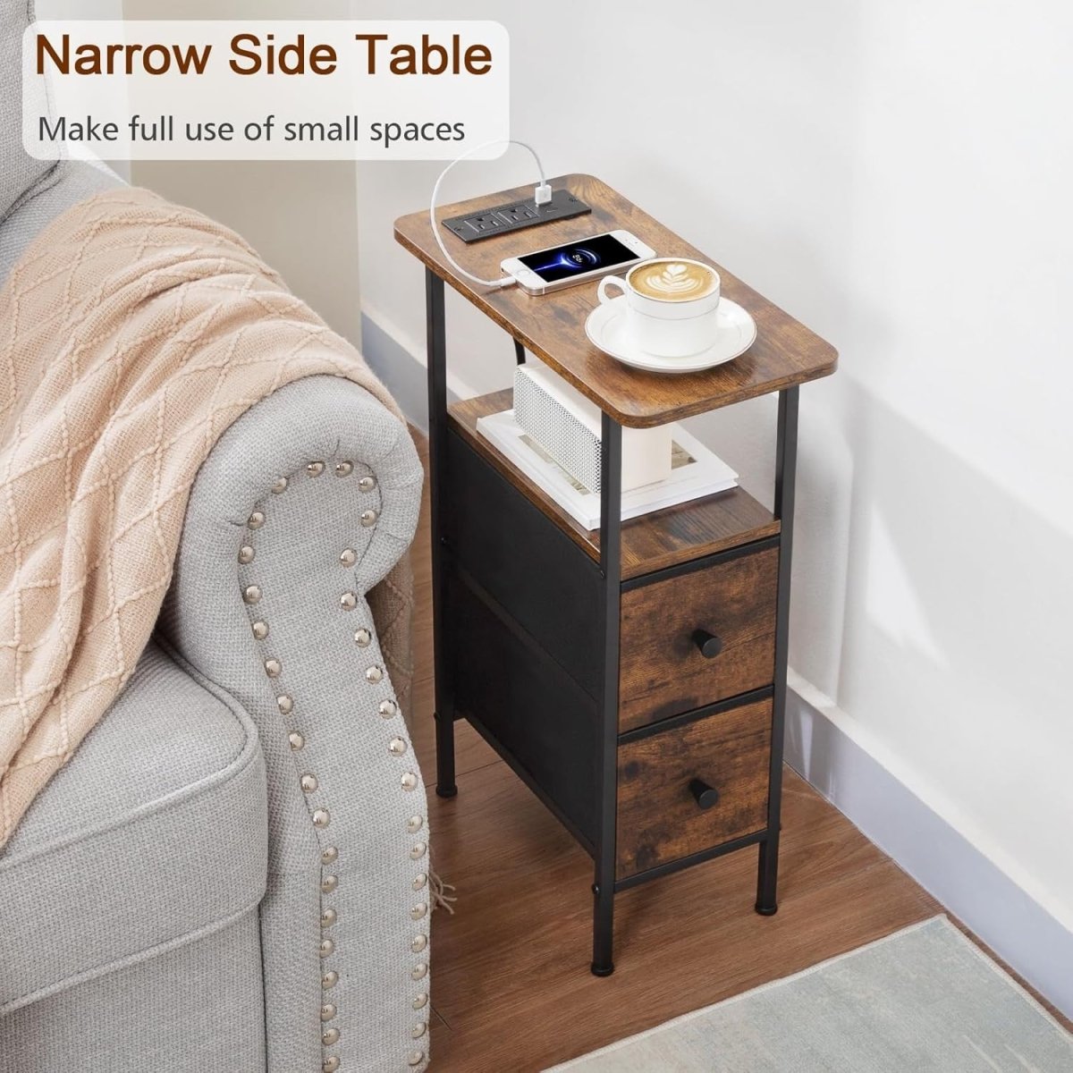 Slim Side Table with USB Charging, 2 Fabric Drawers & Shelf for Small Spaces - Kwikley