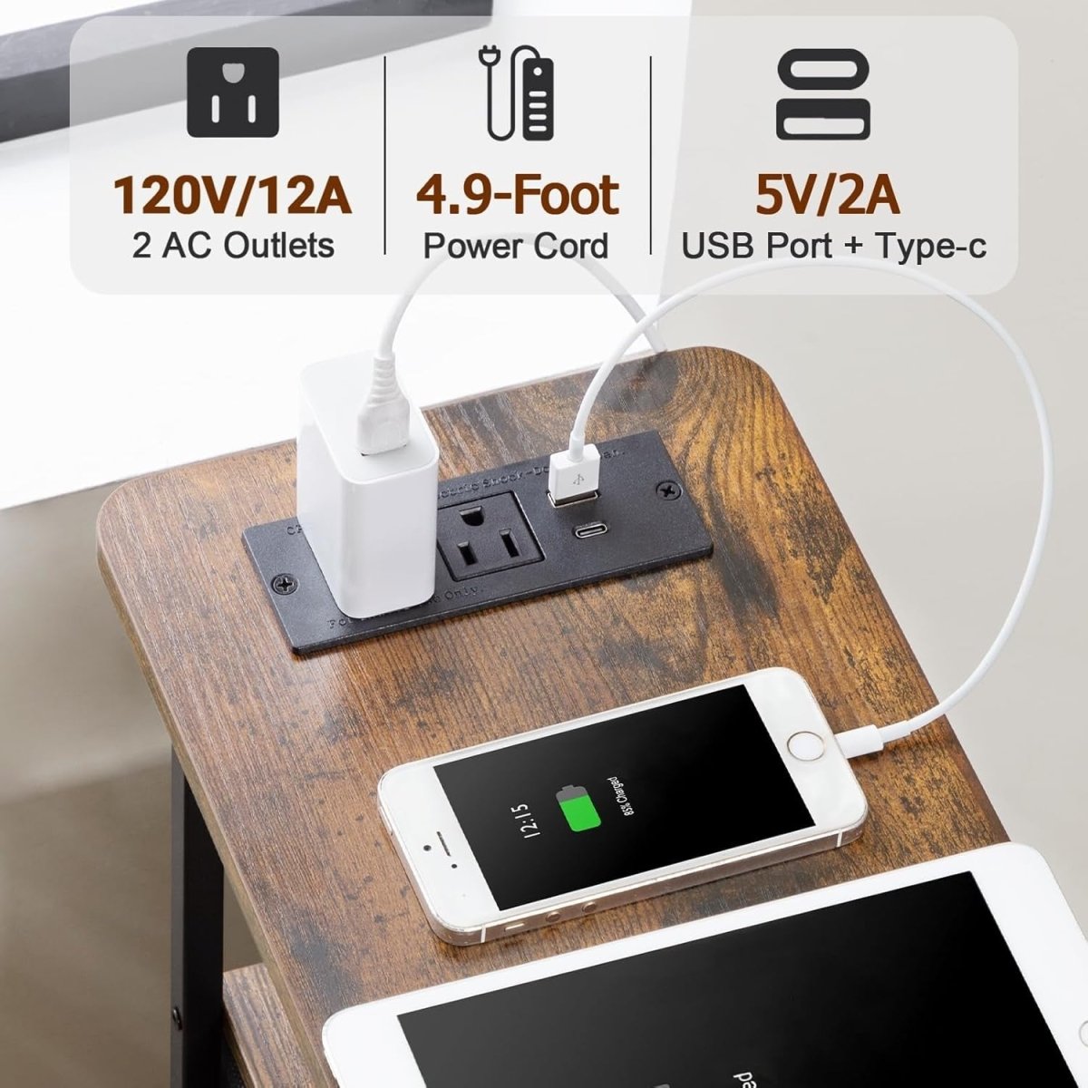 Slim Side Table with USB Charging, 2 Fabric Drawers & Shelf for Small Spaces - Kwikley