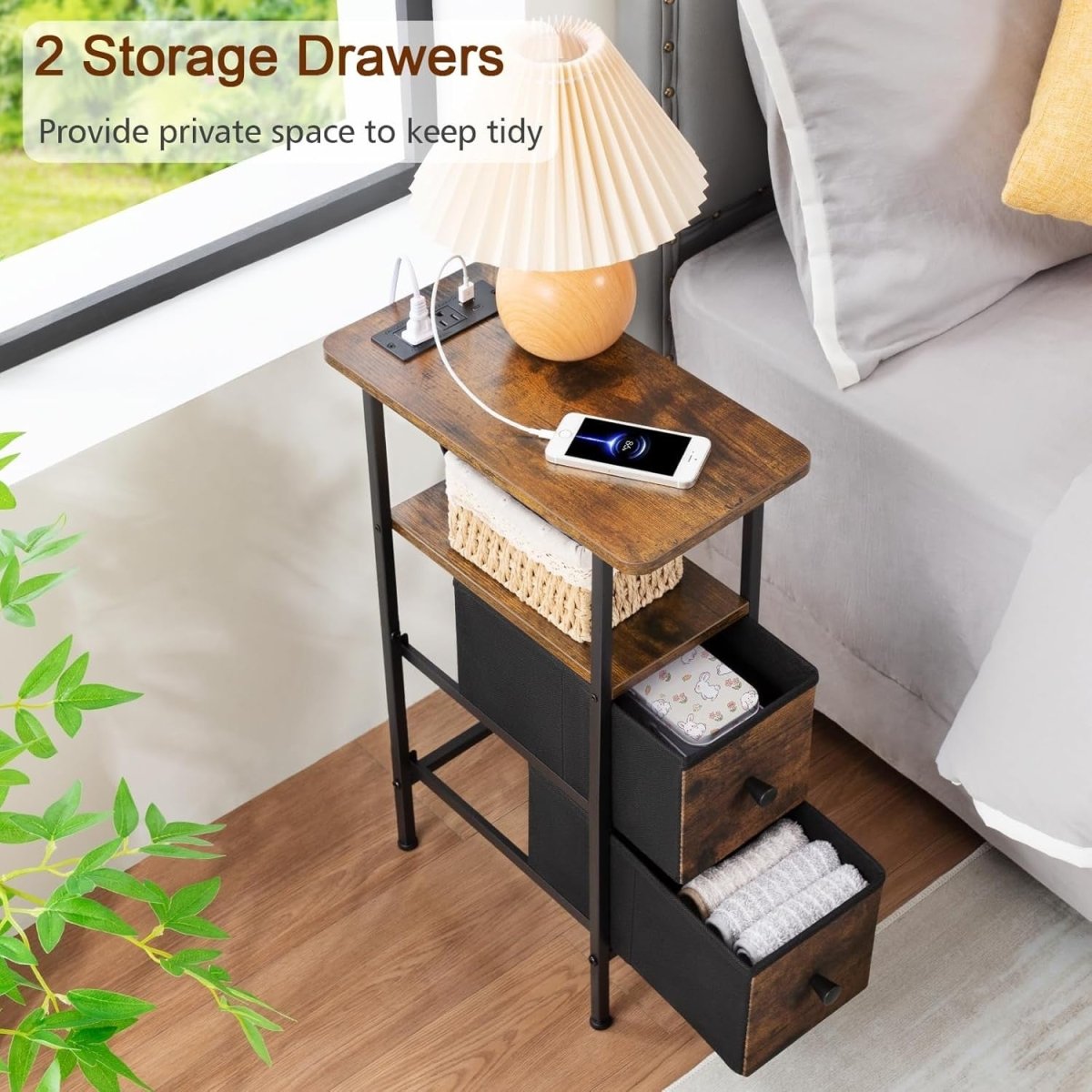Slim Side Table with USB Charging, 2 Fabric Drawers & Shelf for Small Spaces - Kwikley