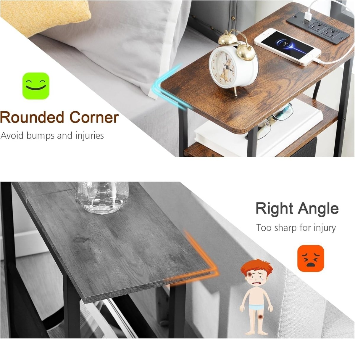 Slim Side Table with USB Charging, 2 Fabric Drawers & Shelf for Small Spaces - Kwikley