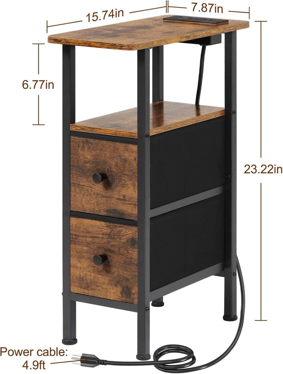 Slim Side Table with USB Charging, 2 Fabric Drawers & Shelf for Small Spaces - Kwikley